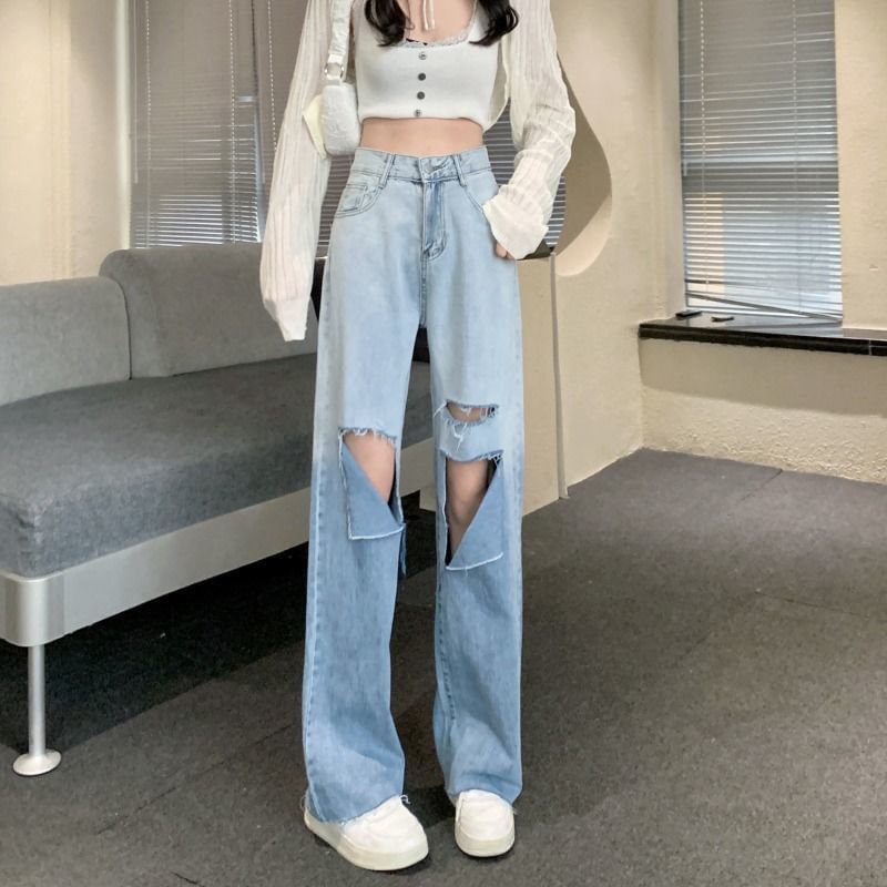 High Waist Gradient Washed Distressed Wide Leg Jeans