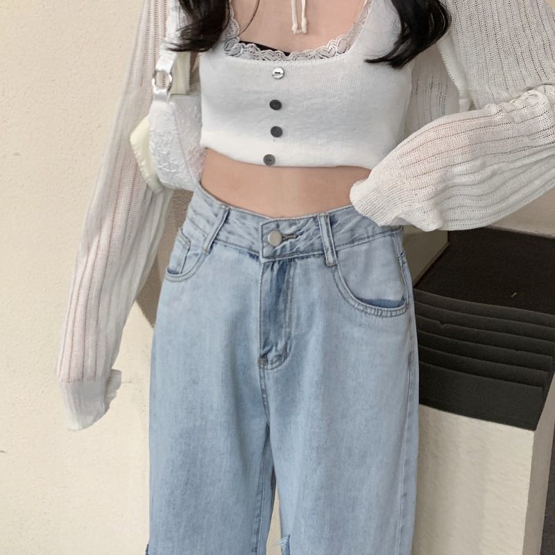 High Waist Gradient Washed Distressed Wide Leg Jeans