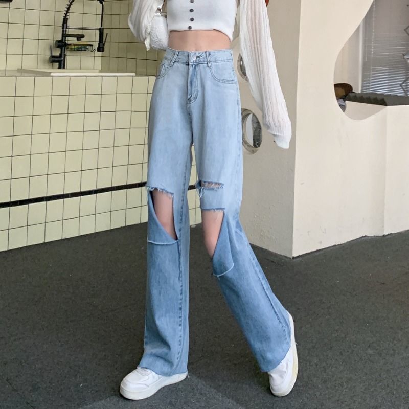 High Waist Gradient Washed Distressed Wide Leg Jeans