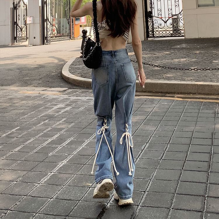 High Rise Washed Lace Up Flared Jeans