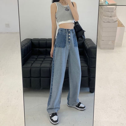 High Waist Washed Panel Wide Leg Jeans