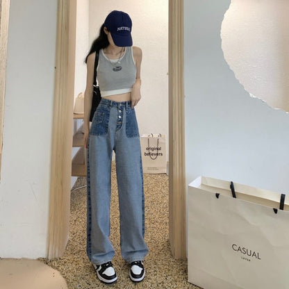 High Waist Washed Panel Wide Leg Jeans