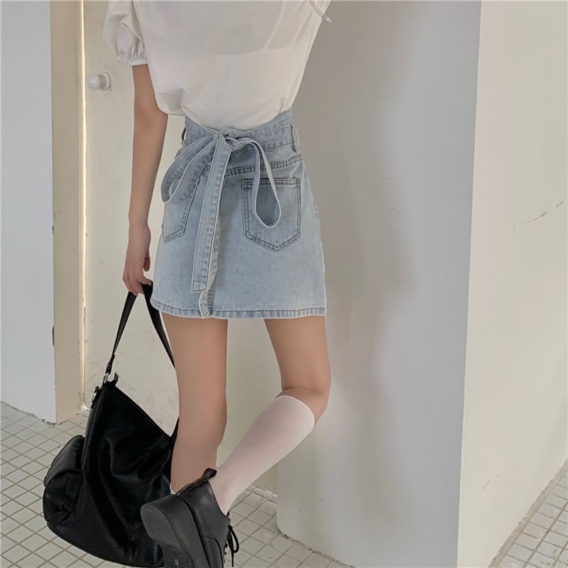 High Rise Washed Tie Back Mini A-Line Denim Skirt