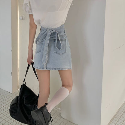 High Rise Washed Tie Back Mini A-Line Denim Skirt