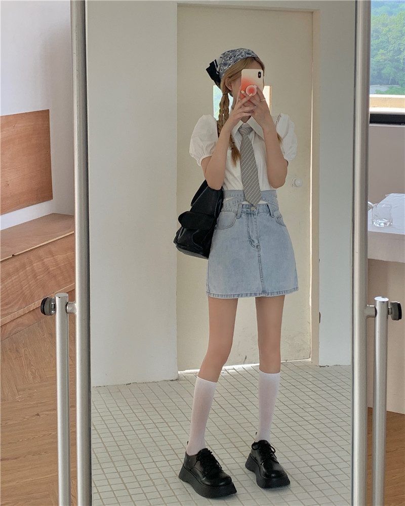 High Rise Washed Tie Back Mini A-Line Denim Skirt