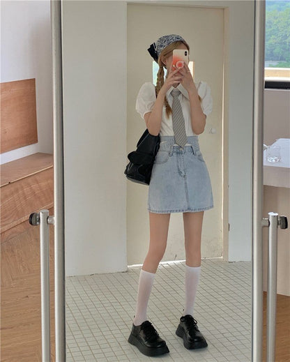 High Rise Washed Tie Back Mini A-Line Denim Skirt