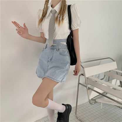 High Rise Washed Tie Back Mini A-Line Denim Skirt