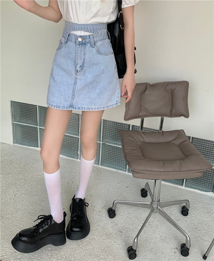 High Rise Washed Tie Back Mini A-Line Denim Skirt