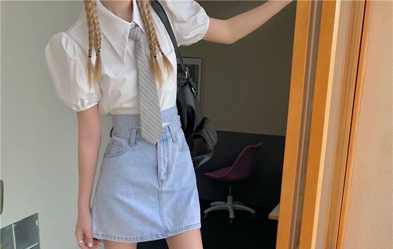 High Rise Washed Tie Back Mini A-Line Denim Skirt