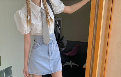 High Rise Washed Tie Back Mini A-Line Denim Skirt