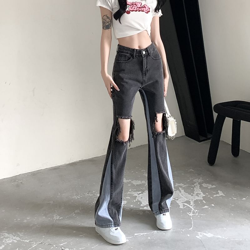 High Waist Washed Panel Distressed Flared Jeans