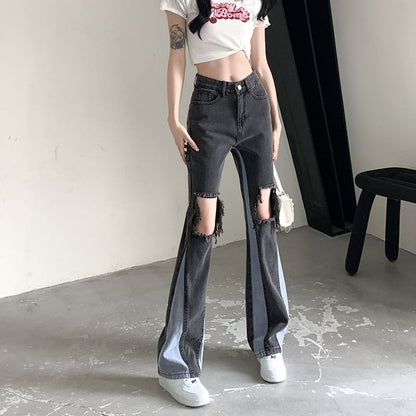 High Waist Washed Panel Distressed Flared Jeans