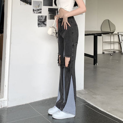 High Waist Washed Panel Distressed Flared Jeans