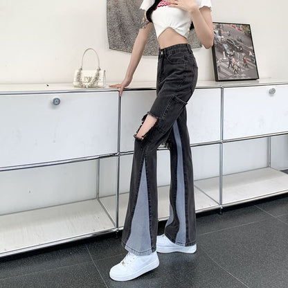 High Waist Washed Panel Distressed Flared Jeans