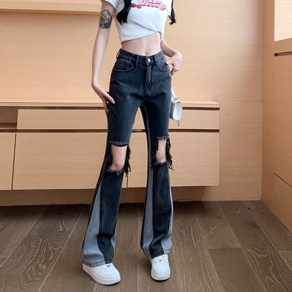 High Waist Washed Panel Distressed Flared Jeans