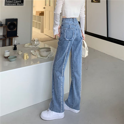 High Rise Washed Fray Panel Wide Leg Jeans