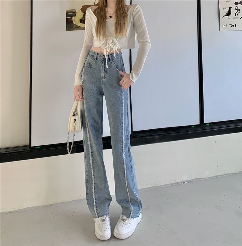High Rise Washed Fray Panel Wide Leg Jeans