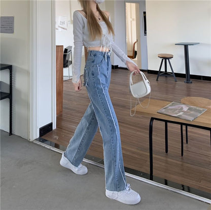 High Rise Washed Fray Panel Wide Leg Jeans