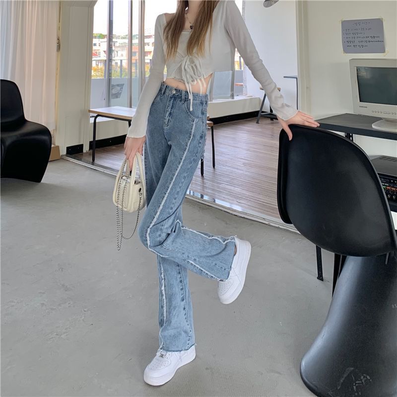 High Rise Washed Fray Panel Wide Leg Jeans