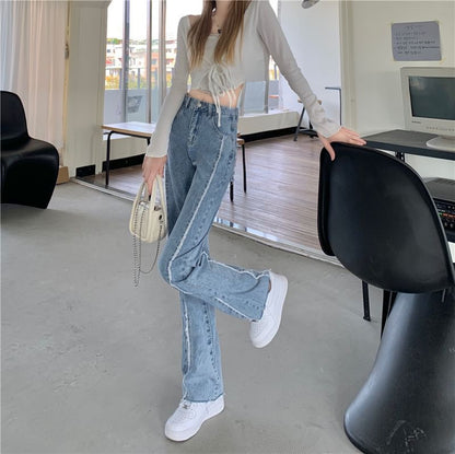 High Rise Washed Fray Panel Wide Leg Jeans