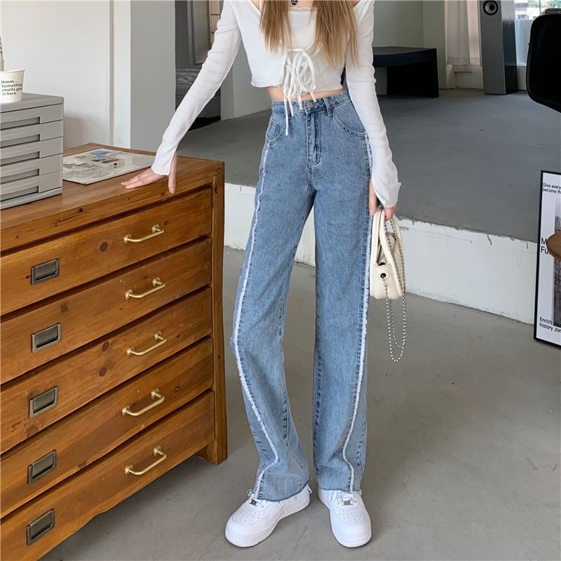 High Rise Washed Fray Panel Wide Leg Jeans