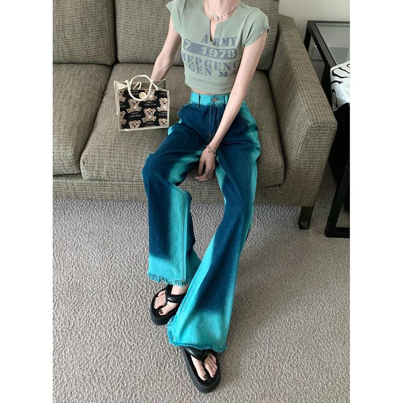 High Rise Washed Fray Wide Leg Jeans