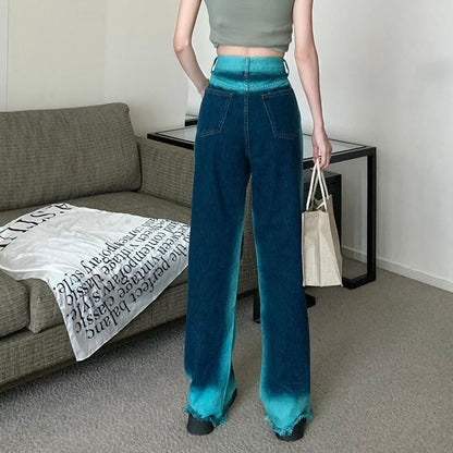 High Rise Washed Fray Wide Leg Jeans