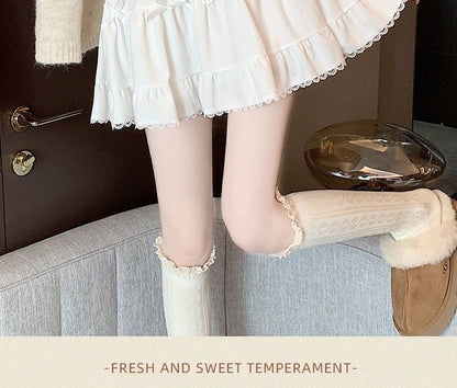 Elastic Waist Plain Bow Ruffle Mini A-Line Skirt