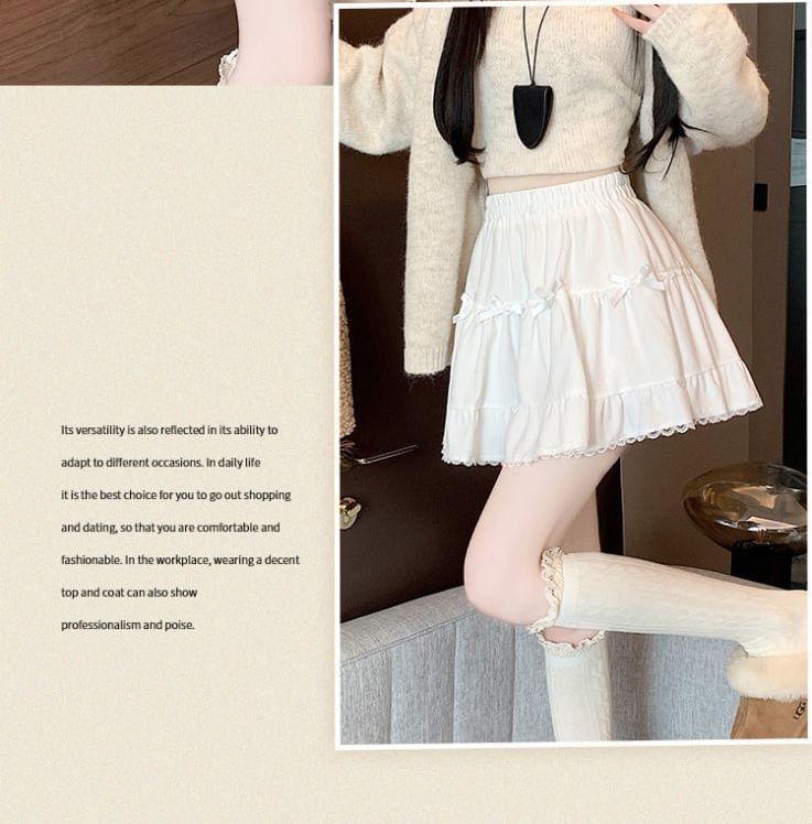 Elastic Waist Plain Bow Ruffle Mini A-Line Skirt