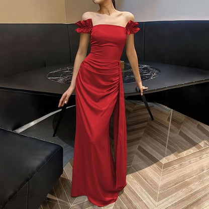 Off-Shoulder Plain Ruffle Trim Ruched Satin Sheath Evening Gown