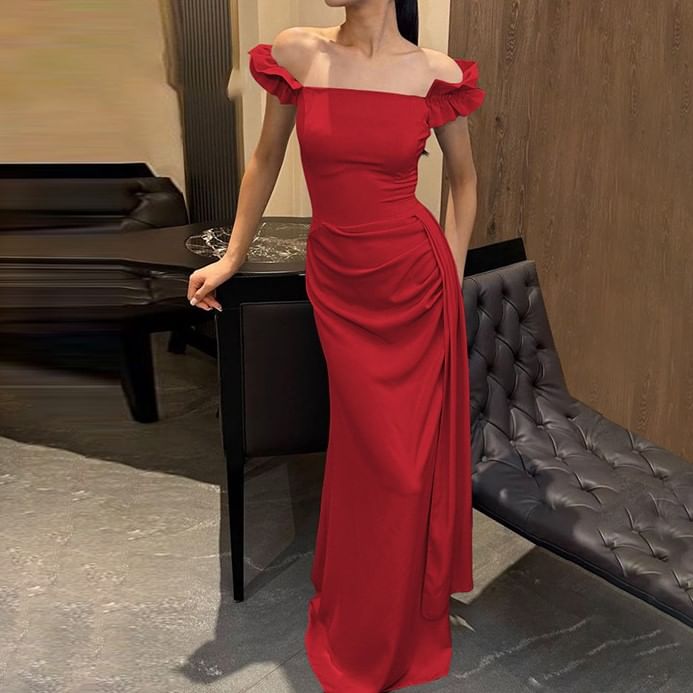 Off-Shoulder Plain Ruffle Trim Ruched Satin Sheath Evening Gown