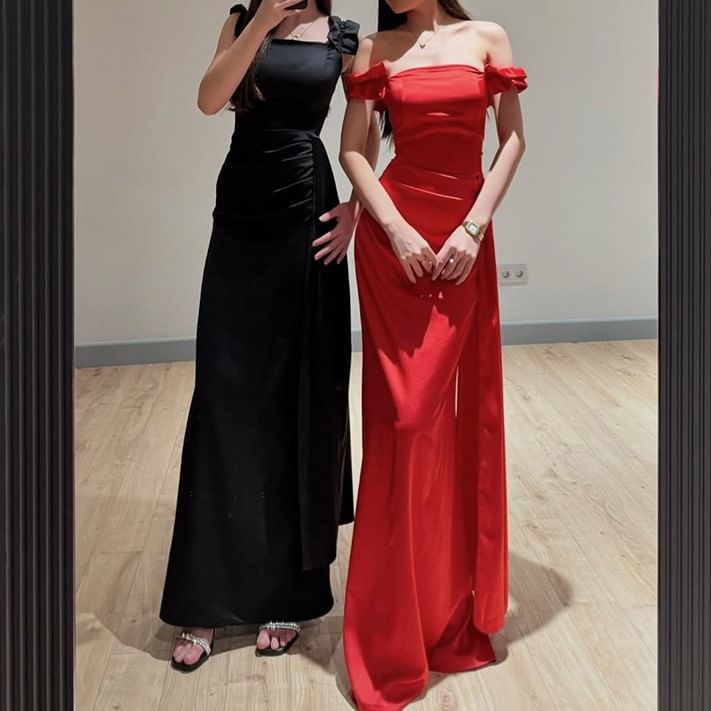 Off-Shoulder Plain Ruffle Trim Ruched Satin Sheath Evening Gown