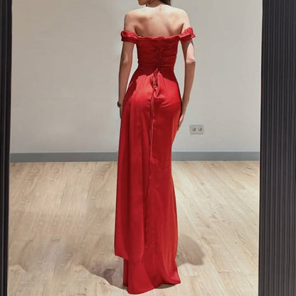 Off-Shoulder Plain Ruffle Trim Ruched Satin Sheath Evening Gown