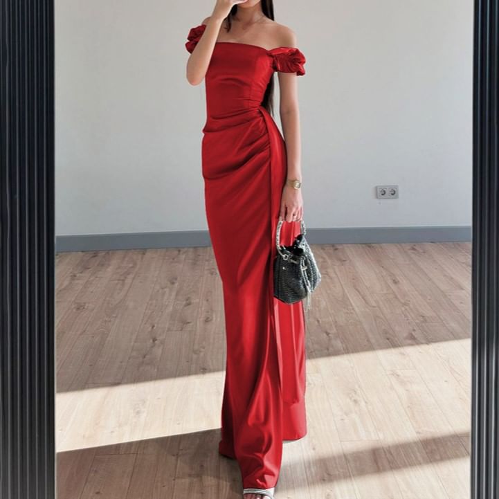 Off-Shoulder Plain Ruffle Trim Ruched Satin Sheath Evening Gown