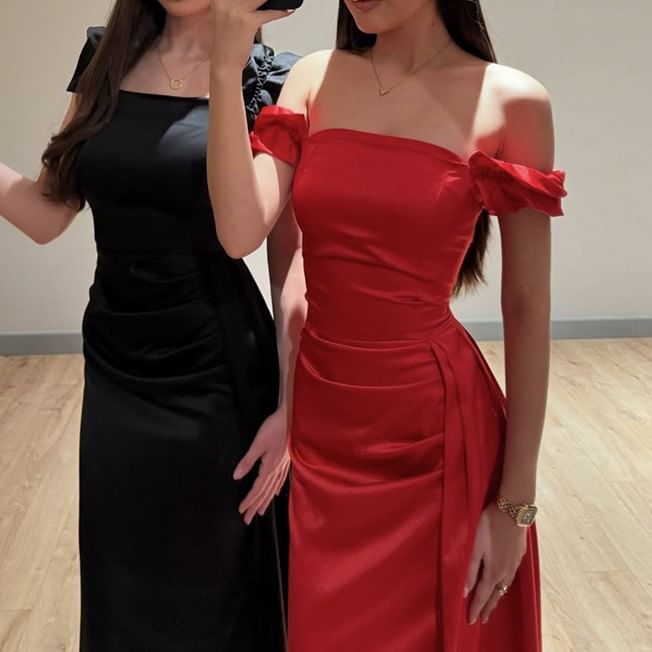 Gown Plain Satin Trim Ruffle Evening Sheath Off-Shoulder Ruched