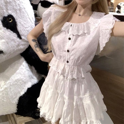 Cap-Sleeve Flower Embroidered Lace Trim Blouse / High Waist Plain Mini A-Line Skirt