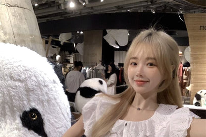 Cap-Sleeve Flower Embroidered Lace Trim Blouse / High Waist Plain Mini A-Line Skirt