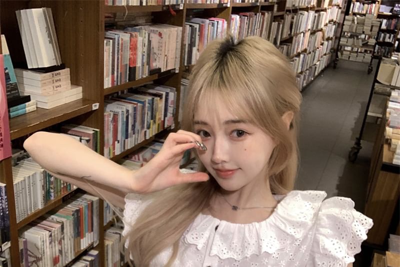 Cap-Sleeve Flower Embroidered Lace Trim Blouse / High Waist Plain Mini A-Line Skirt