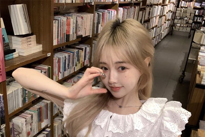 Cap-Sleeve Flower Embroidered Lace Trim Blouse / High Waist Plain Mini A-Line Skirt