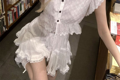 Cap-Sleeve Flower Embroidered Lace Trim Blouse / High Waist Plain Mini A-Line Skirt