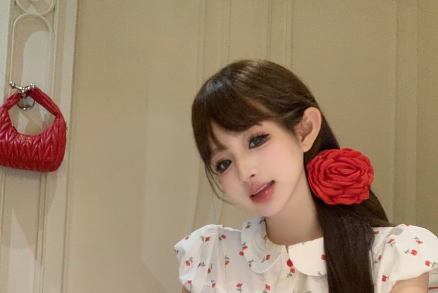 Puff-Sleeve Floral Shirt / Mid Rise Plain Mini Pencil Skirt