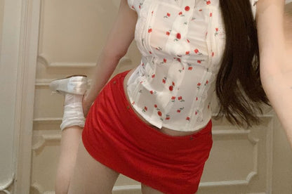 Puff-Sleeve Floral Shirt / Mid Rise Plain Mini Pencil Skirt