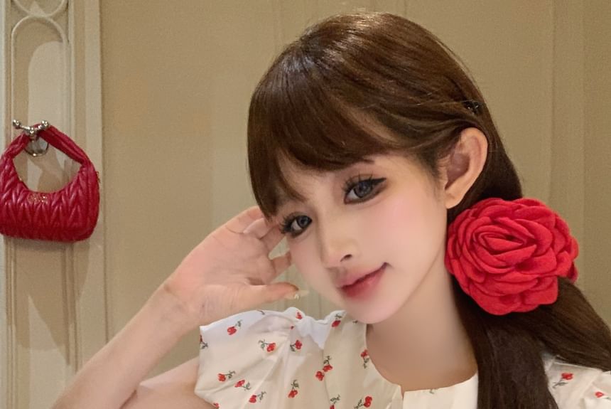 Puff-Sleeve Floral Shirt / Mid Rise Plain Mini Pencil Skirt