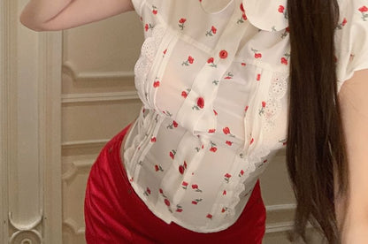 Puff-Sleeve Floral Shirt / Mid Rise Plain Mini Pencil Skirt