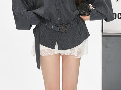 Long-Sleeve Striped Pocket Front Oversized Shirt / Plain Lace Trim Camisole Top