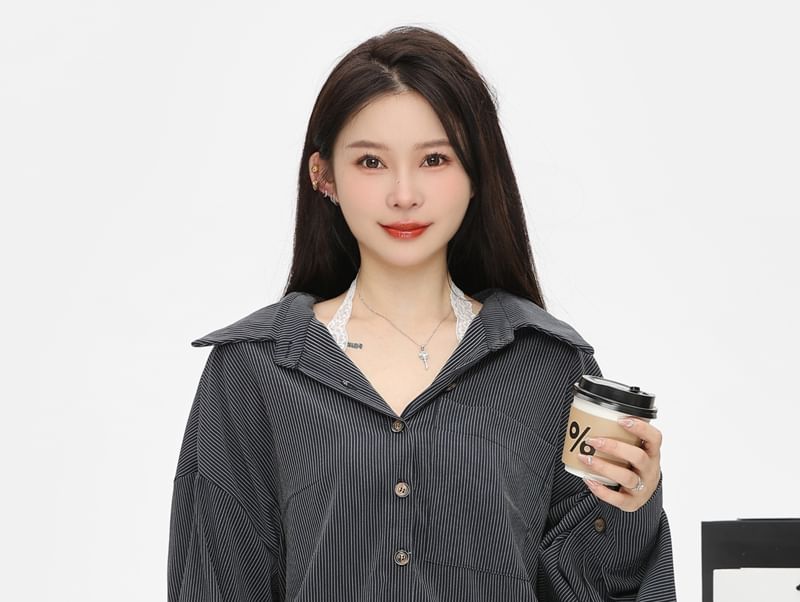 Long-Sleeve Striped Pocket Front Oversized Shirt / Plain Lace Trim Camisole Top