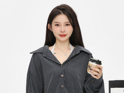 Long-Sleeve Striped Pocket Front Oversized Shirt / Plain Lace Trim Camisole Top