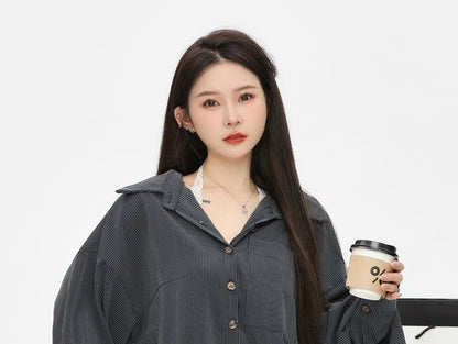 Long-Sleeve Striped Pocket Front Oversized Shirt / Plain Lace Trim Camisole Top