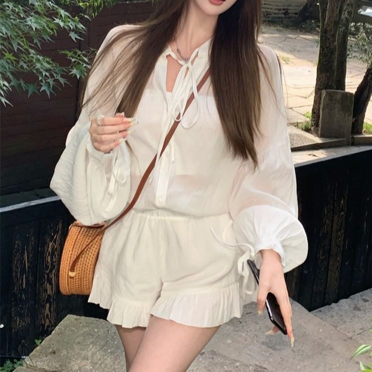 Puff-Sleeve Plain Lace-Up Shirt / High Waist Ruffle Shorts