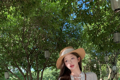 Puff-Sleeve Plain Lace-Up Shirt / High Waist Ruffle Shorts